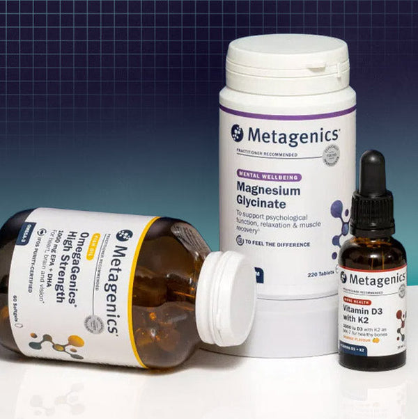 Metagenics supplements for gut health, energy, immunity, magnesium support, and daily wellness routines.