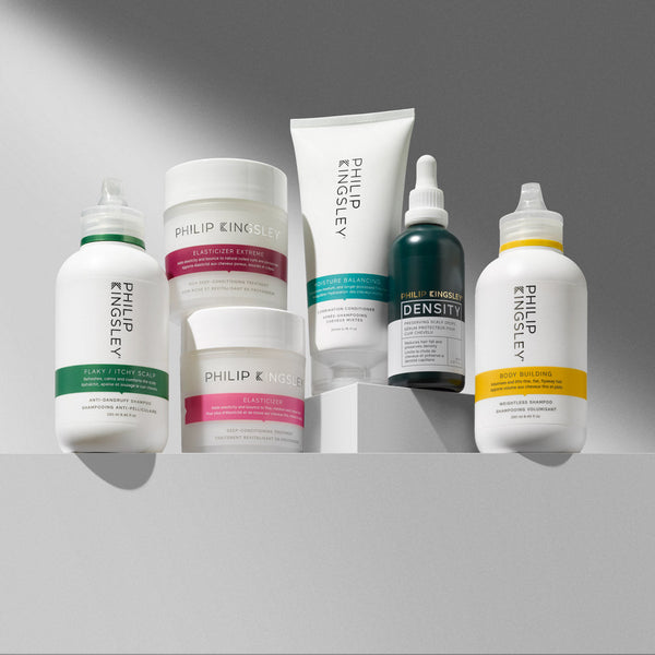 Philip Kingsley haircare products for damaged, thinning and fine hair with targeted scalp care and Elasticizer treatments.