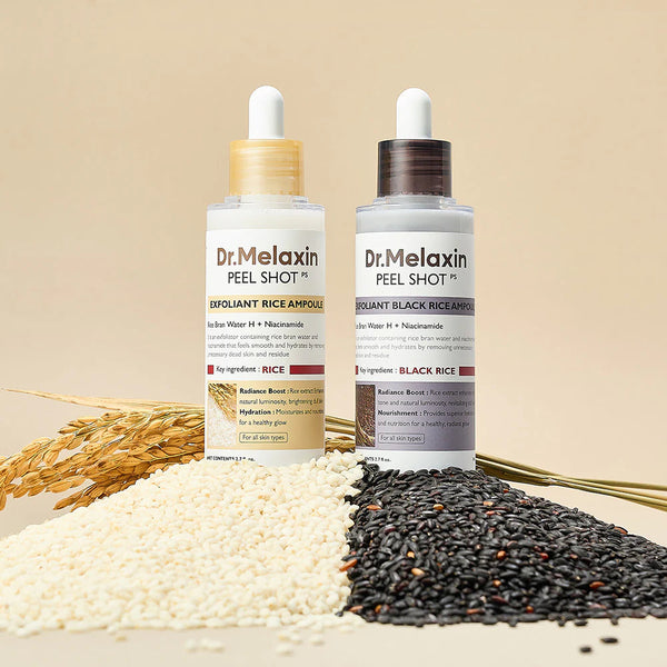 Close-up of Dr. Melaxin product textures highlighting gentle clinical Korean skincare formulations