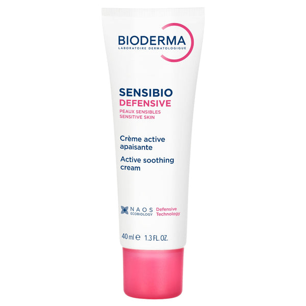 Bioderma Sensibio Defensive Active Soothing Cream in a 40 ml white squeeze tube with a pink cap, on a white background.