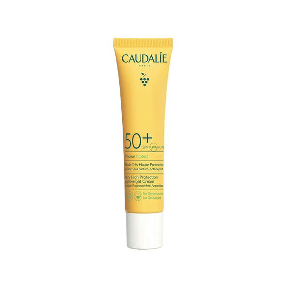 Caudalie sunscreen tube on a white background