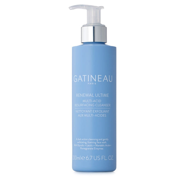Blue skincare bottle with pump labeled 'Gatineau' on a white background