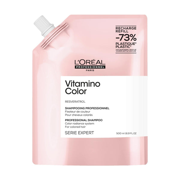 L'Oreal Vitamino Color shampoo refill pack on a white background