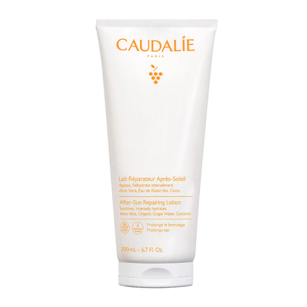 Caudélé after-sun repairing lotion tube on a white background