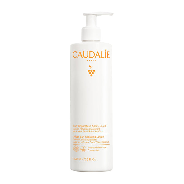 Caudélé after-sun repairing lotion bottle on a white background