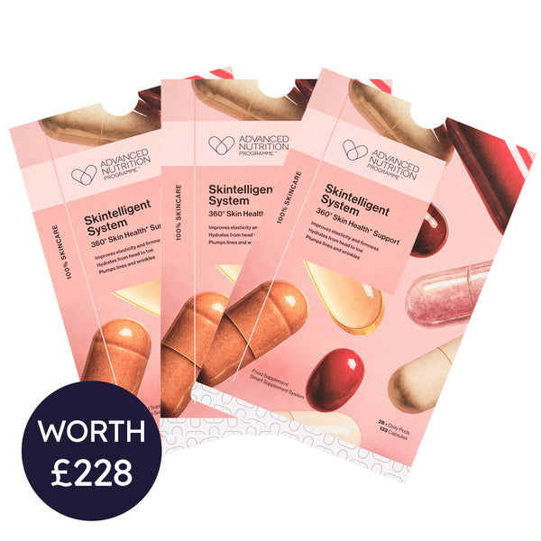 Packaging of Advanced Nutrition Skinteligen System supplements with a value indication.