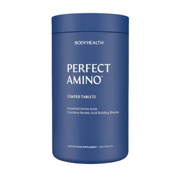 Blue container of 'Perfect Amino' by BODYHEALTH on a white background
