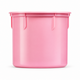 A solid pink plastic storage bin with a matching lid, shown from a front-facing perspective on a clean white background.
