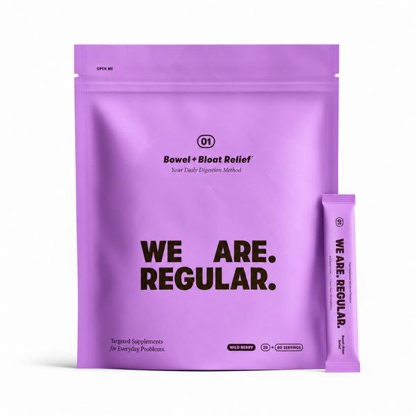 A purple stand-up pouch labeled 'Bowel + Bloat Relief' with the slogan 'WE ARE. REGULAR.