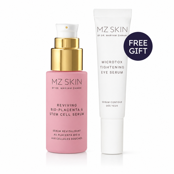 MZ Skin Reviving Bio-Placenta & Stem Cell Serum in a pink bottle with a gold pump, shown next to a white Microtox Tightening Eye Serum tube and a dark blue 'FREE GIFT' badge on a white background.