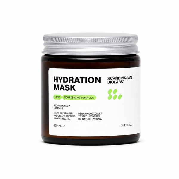 A dark amber glass jar of ScandiNatural Bioblabs Hydration Mask with a silver metal lid and a white label, set against a plain white background.