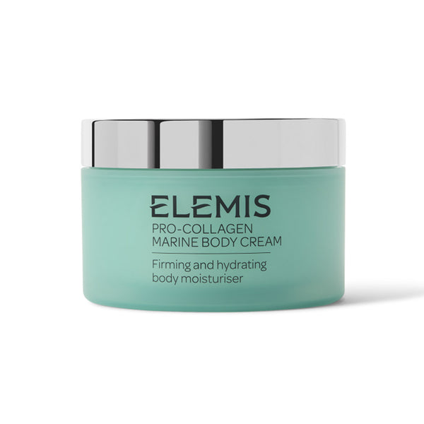 Elemis Pro-Collagen Marine Body Cream in a mint green jar with a reflective silver lid, shown on a clean white background.