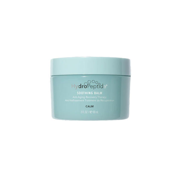A jar of HydroPeptide Soothing Balm with a light blue label and lid, on a white background.