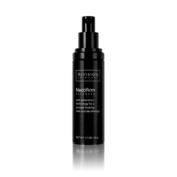 Black skincare bottle labeled 'Revision Nectifirm Advanced' on a white background with 'SheerLuxe' branding.