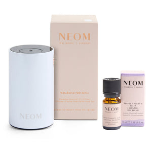 NEOM Wellbeing Pod Mini+ Waterless Essential Oil Diffuser - White and Perfect Night's Sleep Essential Oil Blend Duo