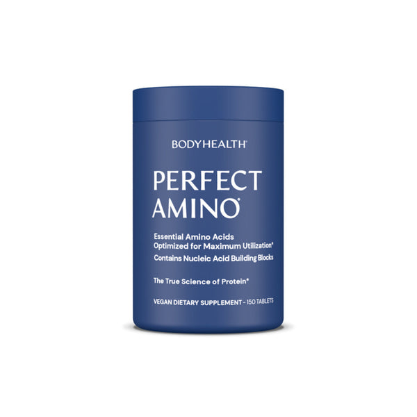Blue container of 'Perfect Amino' dietary supplement by Body Health on a white background