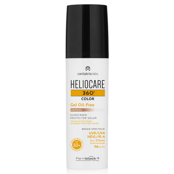 A bottle of Cantabria Uts Heliocare 360+ Color Sunscreen Protector Solar Gel Oil-Free, featuring a white bottle with a black cap and gold accents, set against a plain white background.