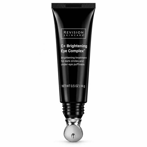 Revision Skincare C+ Brightening Eye Complex in a black squeeze tube with a silver metallic cap, shown on a plain white background.