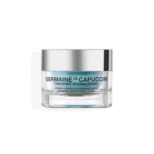 A jar of Germaine de Capuccini Timexpert Hyaluronic Plumping Moisturising Gel-Cream, featuring a silver metallic lid and a clear glass base with a light blue-green tinted label, set against a plain white background.