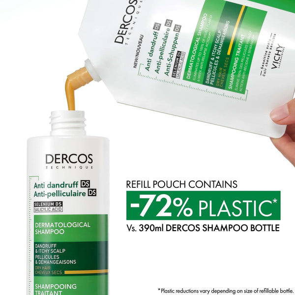 Vichy Dercos Anti-Dandruff Dermatological Shampoo for Dry Hair, 390ml Refill Pouch