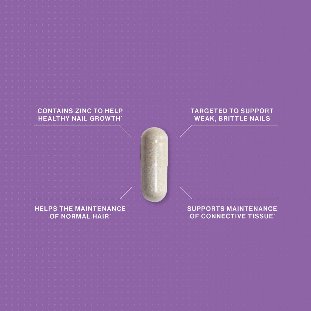 Information: contains zinc to help healthy nail growth,targeted to support weak, brittle nails, helps maintenance of normal hair, supports maintenance of connective tissue