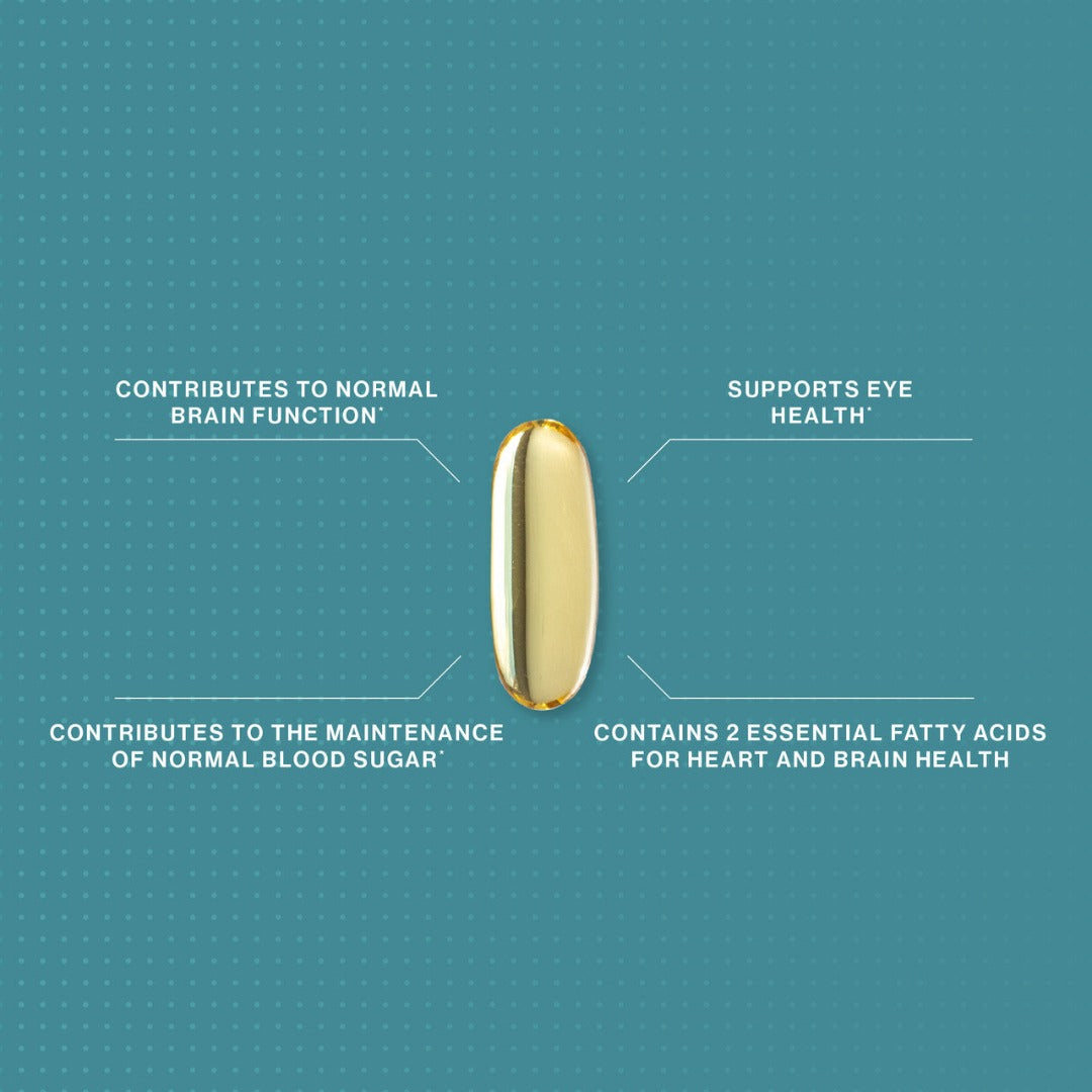 Information: contributes to normal brain function, supports eye health, contributed to the maintenance of normal blood sugar, contains 2 essential fatty acids for heart and brain health.