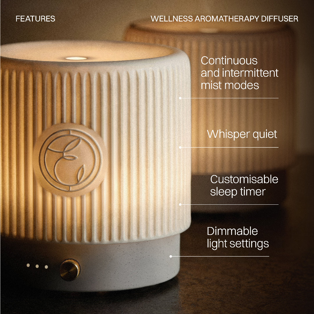 Wellness aromatherapy diffuser with features listed on a dark background