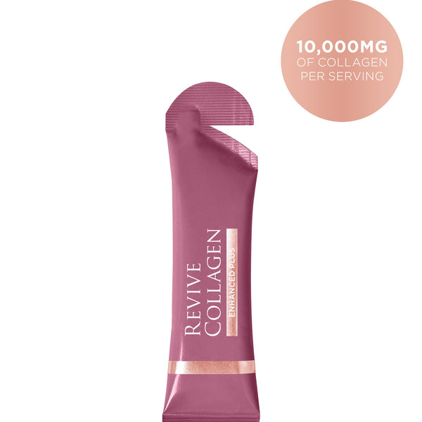 Pink collagen supplement package with 'Revive Collagen' branding on a white background