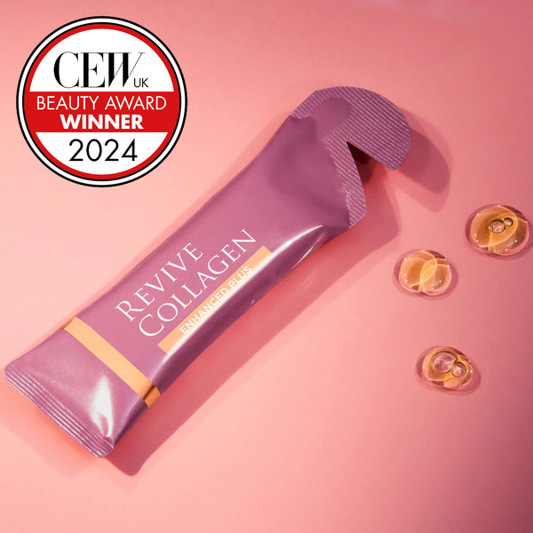 Revive Collagen supplement package with CEW UK Beauty Award Winner 2024 badge on a pink background