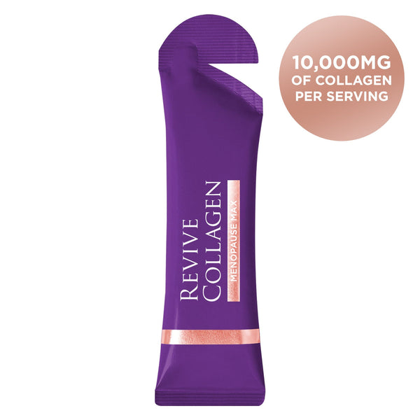 Purple collagen supplement package with text on a white background