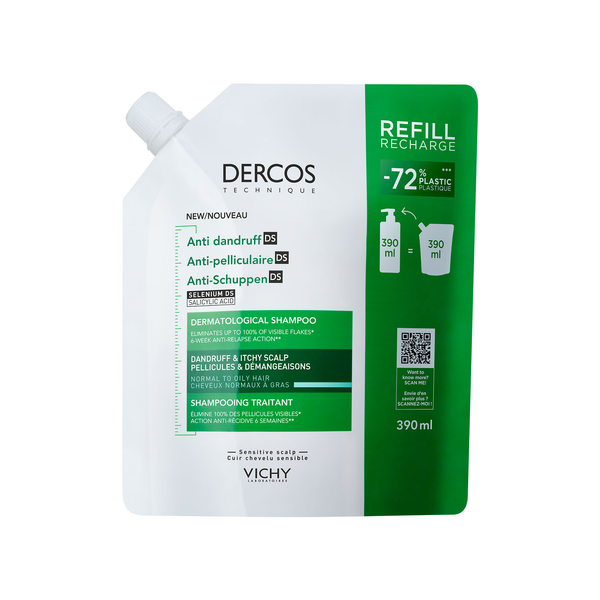 Vichy Dercos Anti-Dandruff Dermatological Shampoo for Normal to Oily Hair, 390ml Refill Pouch