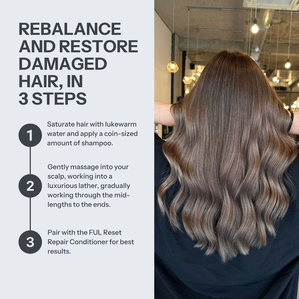 Hair care instructions for rebalancing and restoring damaged hair with a person displaying styled hair.