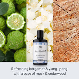 Ful shampoo bottle surrounded by bergamot, ylang-ylang flowers, and wood texture with product description text.