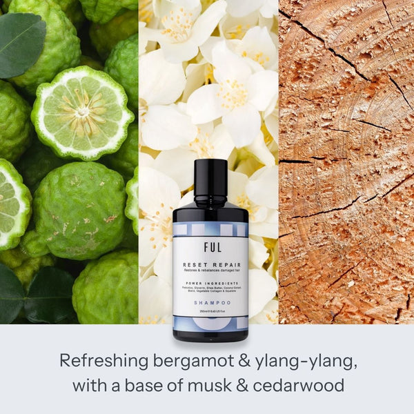 Ful shampoo bottle surrounded by bergamot, ylang-ylang flowers, and wood texture with product description text.