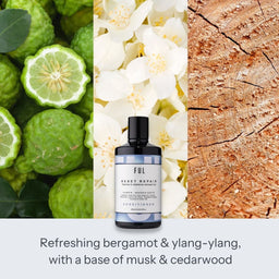 Bottle of FUL conditioner surrounded by bergamot, ylang-ylang flowers, and cedarwood.