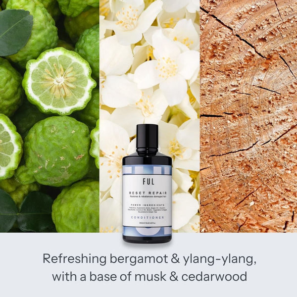 Bottle of FUL conditioner surrounded by bergamot, ylang-ylang flowers, and cedarwood.