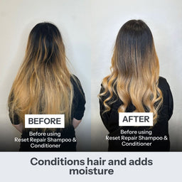 Before and after comparison of hair using Reset Repair Shampoo & Conditioner on a plain background.