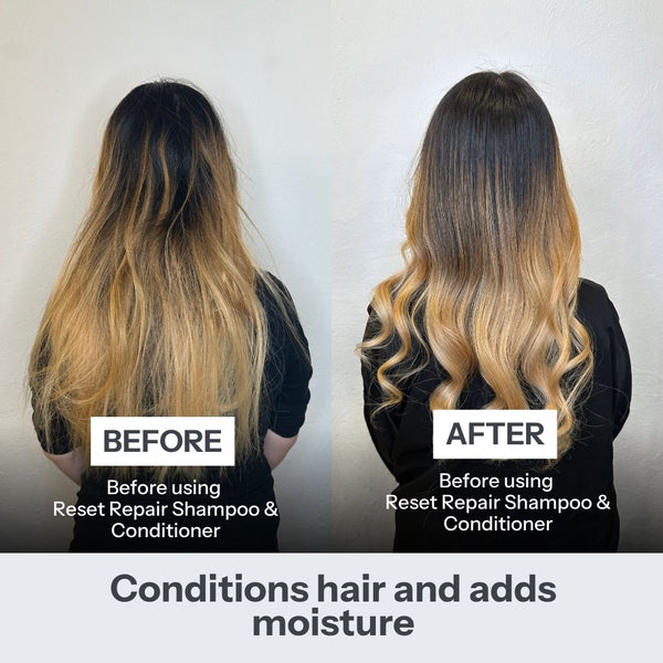 Before and after comparison of hair using Reset Repair Shampoo & Conditioner on a plain background.
