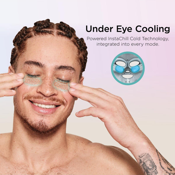 Person applying eye cooling patches with text about under eye cooling technology.