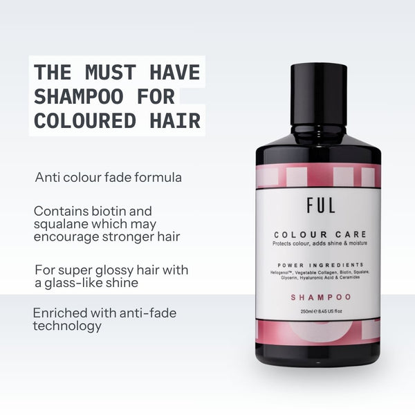 A bottle of FUL Colour Care Shampoo for coloured hair, shown on a light gray background with promotional text on the left. The bottle is black with a white label featuring pink accents.