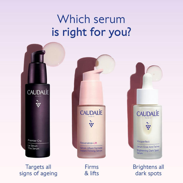 Three Caudalie Paris serums displayed side by side on a pale lavender background with the headline 'Which serum is right for you?'. The products are labeled as Premier Cru for targets of all signs of ageing, Reverant-Lift for firms and lifts, and Vipoceffect for brightening dark spots, each with a droplet graphic above and a shadow below.