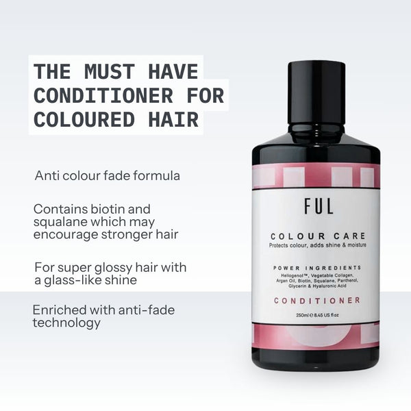 A bottle of FUL Colour Care Conditioner for coloured hair, shown next to promotional text highlighting its benefits like anti colour fade formula and biotin and squalane.
