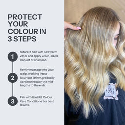 Promotional graphic for a hair care product showing a woman with long highlighted blonde hair on the right, with text on the left explaining how to protect hair color in 3 steps using shampoo and conditioner.