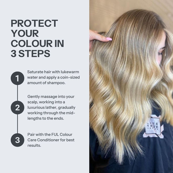 Promotional graphic for a hair care product showing a woman with long highlighted blonde hair on the right, with text on the left explaining how to protect hair color in 3 steps using shampoo and conditioner.