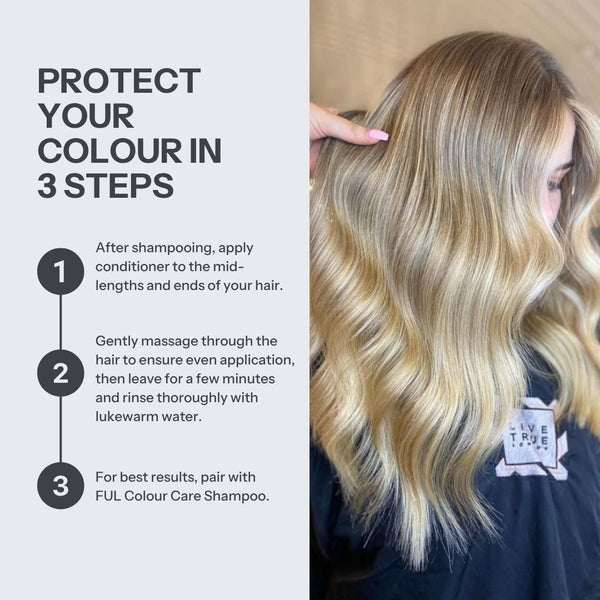 Promotional graphic for a hair color protection product, showing a woman with highlighted blonde hair on the right and text on the left explaining how to protect hair color in 3 steps.