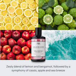 A bottle of FUL Colour Care Conditioner is centered over a four-panel ingredient collage showing lemon slices, bergamot, red apples, and ocean water, with descriptive text below.