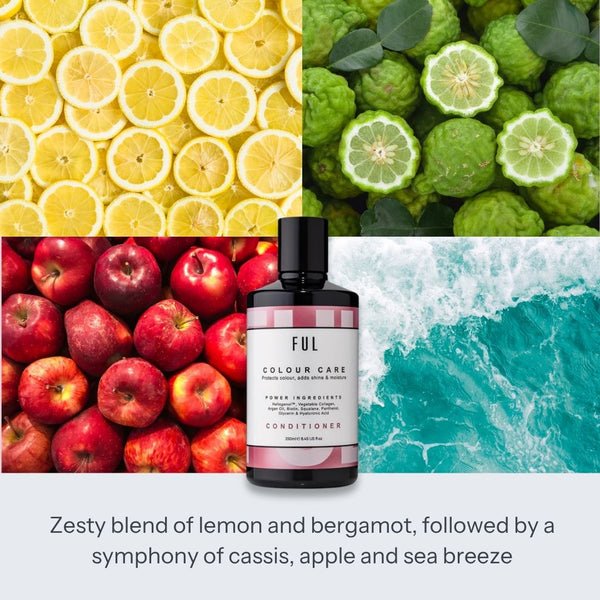 A bottle of FUL Colour Care Conditioner is centered over a four-panel ingredient collage showing lemon slices, bergamot, red apples, and ocean water, with descriptive text below.