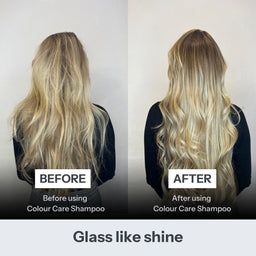 Before and after comparison of a woman with long blonde hair from the back, showing the effect of Colour Care Shampoo. The left side is labeled 'BEFORE' and shows dry, less lustrous hair, while the right side is labeled 'AFTER' and shows shinier, smoother, and more defined waves.