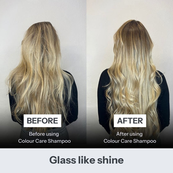 Before and after comparison of a woman with long blonde hair from the back, showing the effect of Colour Care Shampoo. The left side is labeled 'BEFORE' and shows dry, less lustrous hair, while the right side is labeled 'AFTER' and shows shinier, smoother, and more defined waves.