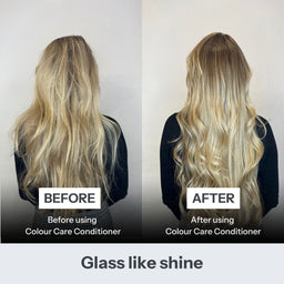 Before and after comparison of a woman's long blonde hair showing the effects of a color care conditioner. The left side is labeled 'BEFORE' and shows dry, less lustrous hair, while the right side is labeled 'AFTER' and shows shinier, smoother, and more defined waves.